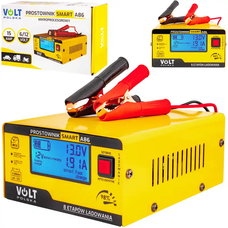 Prostownik ładowarka do akumulatora LCD 6/12V 15A SMART A86 VOLT POLSKA Darmowy zwrot