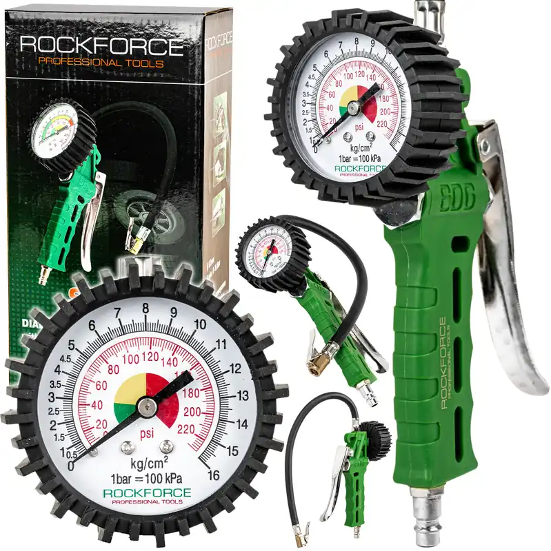 Wyprzedaż Pistolet do pompowania kół opon z manometrem manometr pompka wąż 16 bar ROCKFORCE